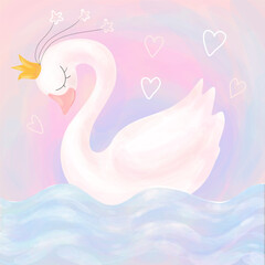 Cute swan princess with crown on a soft pink background, t-shirt, baby shower, greeting card, kid clothes template. Vector illustration. © elialady