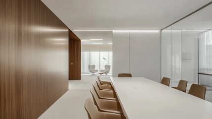 A white and wooden office hall featuring a mock-up wall.