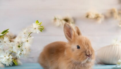 Cute fluffy rabbit surrounded by delicate spring blossoms, exploring its cozy environment indoors