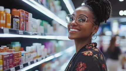 A cheerful customer buying vitamins and skincare products in a modern pharmacy.