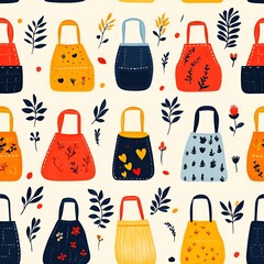 Seamless apron pattern with hand-drawn floral and botanical details.
