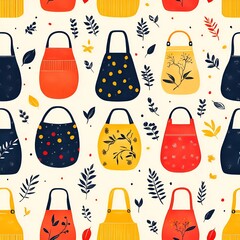Seamless apron pattern with hand-drawn floral and botanical details.