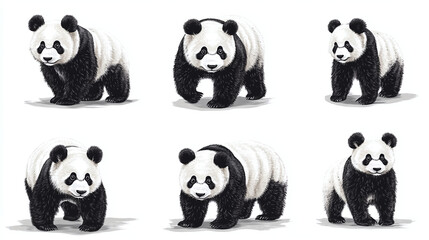 Fototapeta premium Set of Pandas Isolated on White. Clipart, blanks for collage