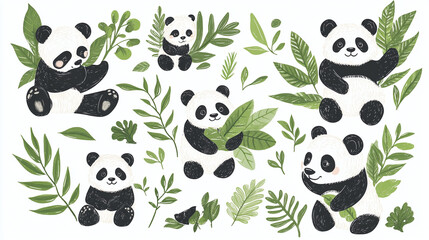 Fototapeta premium Set of different Panda characters. Isolated on white background. Wild animal cartoon design of panda in different pose, bamboo, sitting, sleeping. Adorable bear mascot illustration for sticker.