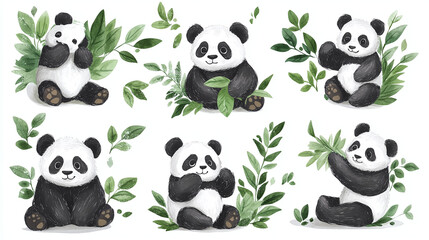 Set of Pandas Isolated on White. Clipart, blanks for collage