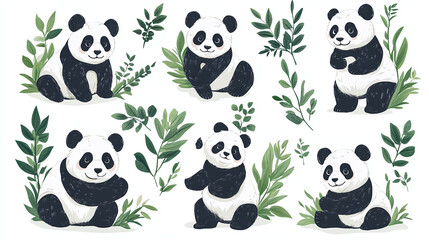 Set of different Panda characters. Isolated on white background. Wild animal cartoon design of panda in different pose, bamboo, sitting, sleeping. Adorable bear mascot illustration for sticker.