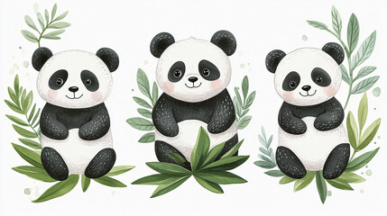 Naklejka premium Set of Pandas Isolated on White. Clipart, blanks for collage