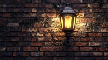 Glowing antique lantern on a dark brick wall.
