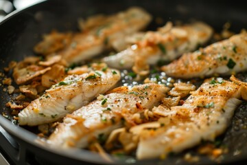 Crispy fried fish pieces in a frying pan, topped with tasty cracklings