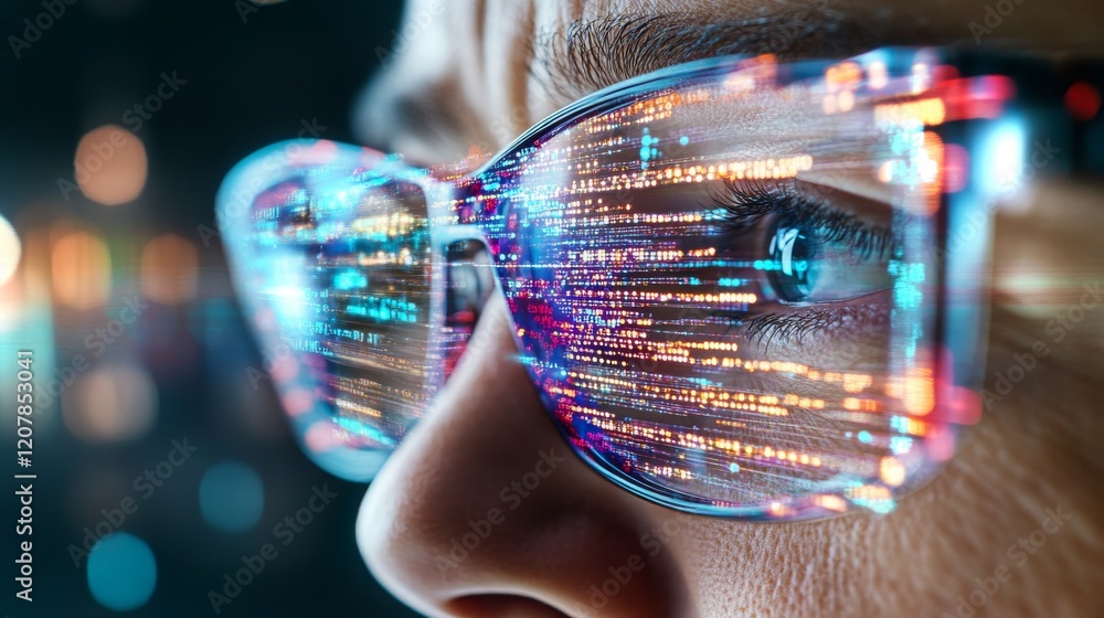 Poster visually impaired user engaging with tokenized content equipped with advanced technology