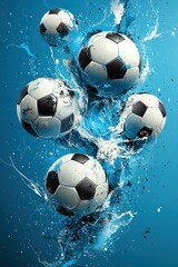 Naklejka premium Dynamic image of soccer balls splashing on a blue background
