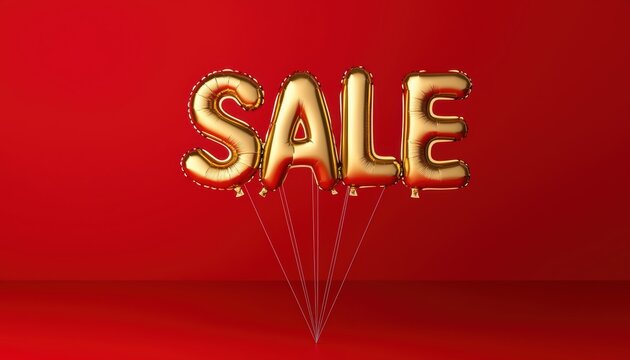Metallic gold letter balloons spelling "SALE" on strings, centered on a bold red backdrop, perfect for holiday or discount events