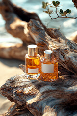 Two bottles of perfume on a sandy beach around a tree