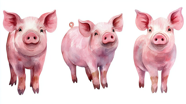 Set of little pig isolated on white background. A collection of little cute piglets. 