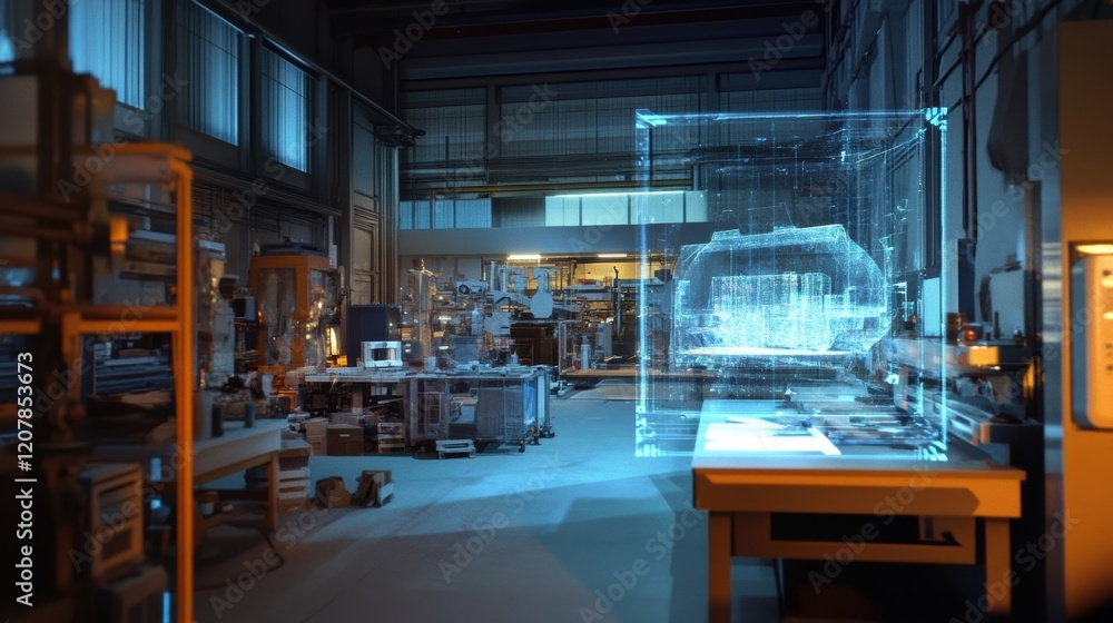 Poster futuristic industrial engineering software is showing a 3d hologram of a turbine, projected on a tab