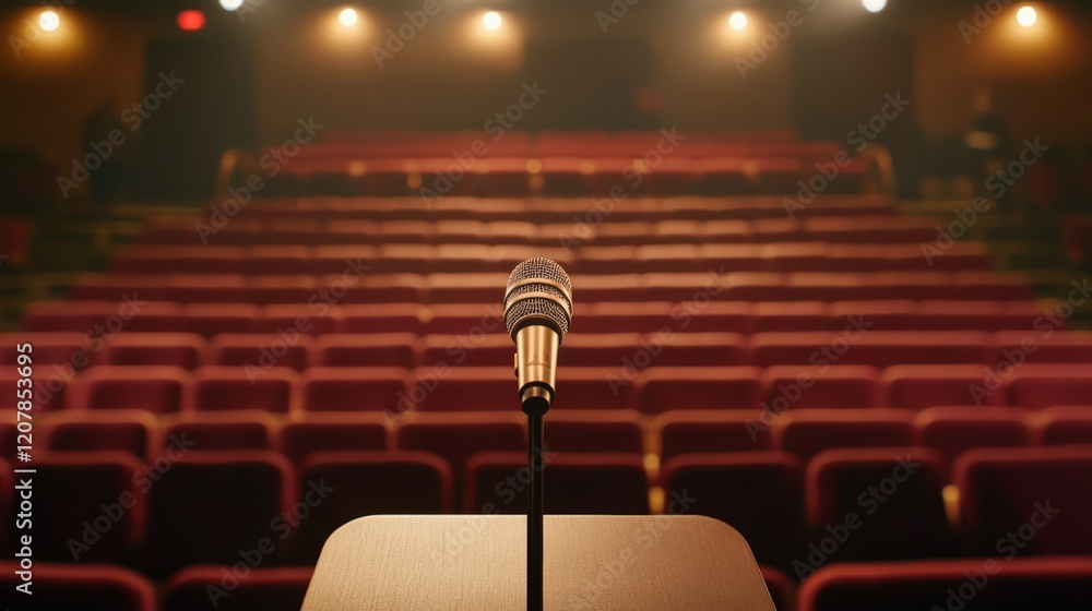 Poster microphone standing on stage in an empty auditorium, spotlighted and ready for a performance, speech