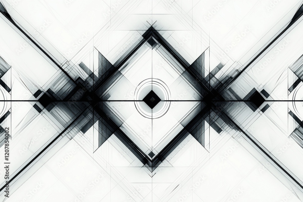 Poster intricate black and white geometric pattern features bold lines and shapes creating an abstract desi