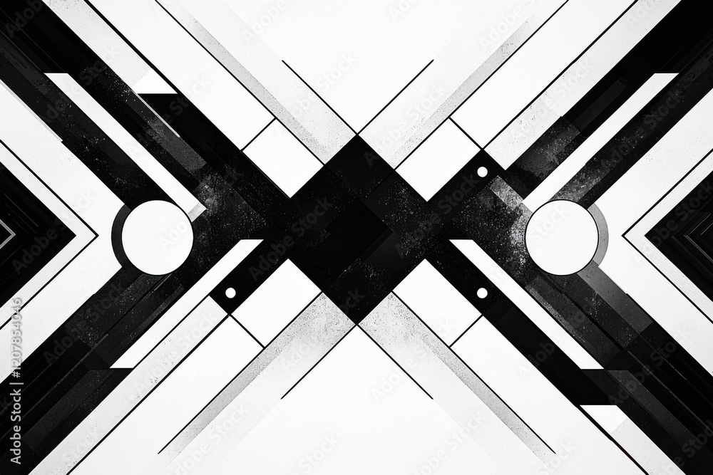 Poster dynamic black and white abstract geometric pattern featuring lines and shapes creating a captivating