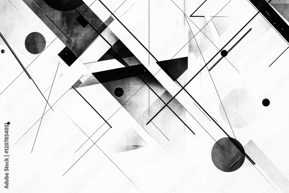 Poster intricate abstract geometric pattern featuring black and white shapes and lines creating a dynamic v