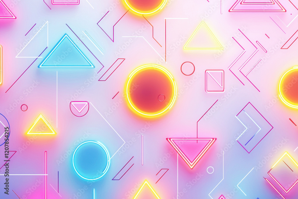 Poster exploring vibrant abstract geometric patterns with neon lines and shapes in a dynamic arrangement