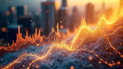 A wave of golden light flowing through an abstract cityscape of bar graphs