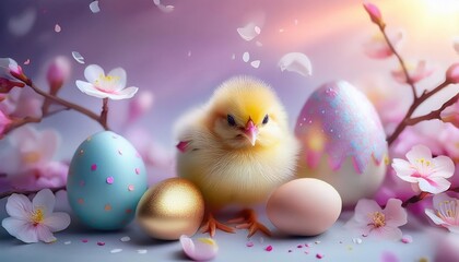 Colorful spring scene showcasing a fluffy chick among decorated eggs and cherry blossoms during Easter celebration