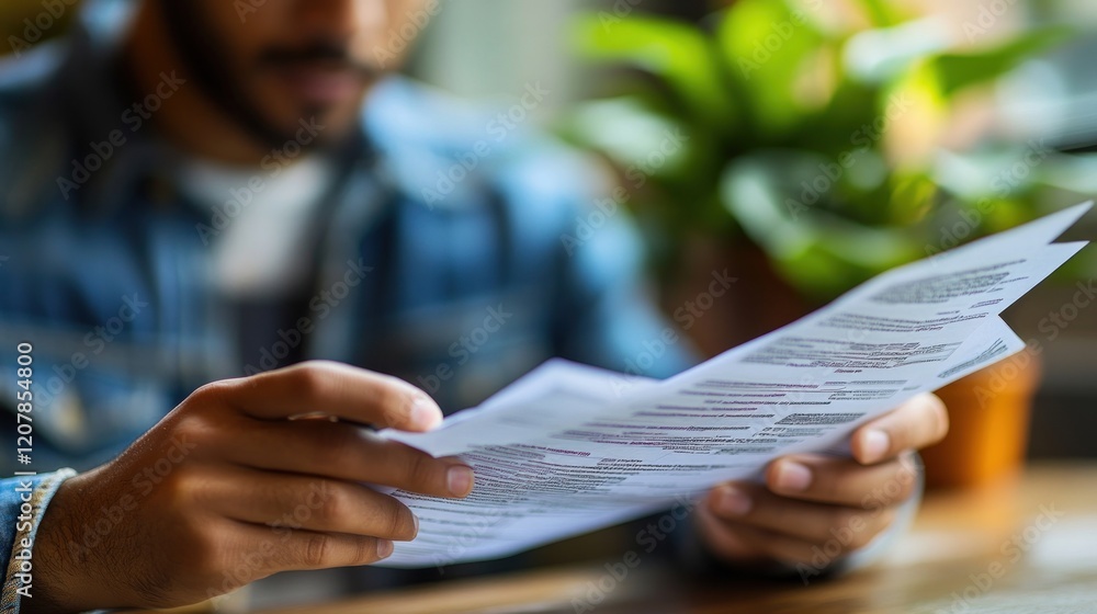 Poster man reading documents at a wooden table with a plant in the background