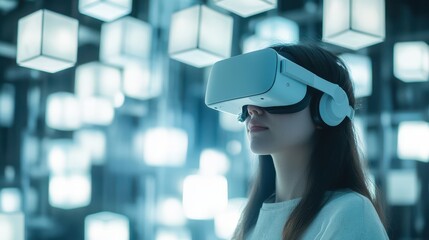 A woman wearing a VR headset explores a virtual reality environment filled with floating blocks, emphasizing an immersive digital experience and endless possibilities.