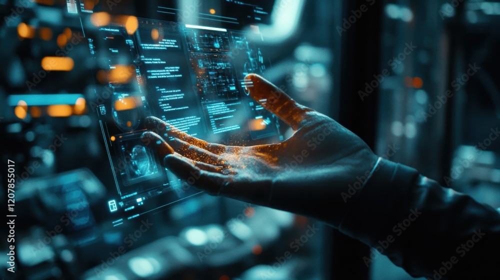 Aufkleber software engineer interacting with a futuristic transparent screen displaying code, data, and inform