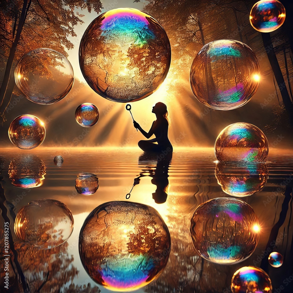 Poster bubble blowing creating ephemeral spheres while reflecting