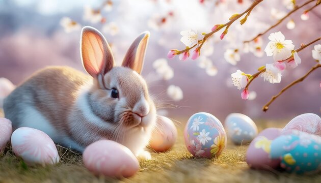 Firefly Velikden' kazkovyi zaychik among pastel eggs on a grassy patch beneath blossoming trees