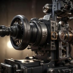 Fototapeta premium Close-up of film projector mechanism in moody lighting, technology, vintage, cinematic