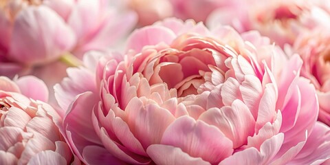 Close-up of delicate pink peony petals unfolding like tiny cups, flower close-up, flower arrangement, plant details