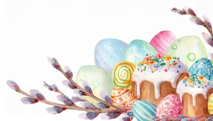 Colorful Easter decorations with traditional pastries and painted eggs on a spring background