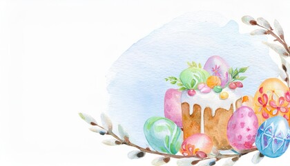 Beautiful firefly decorated Easter cake surrounded by colorful eggs and floral accents