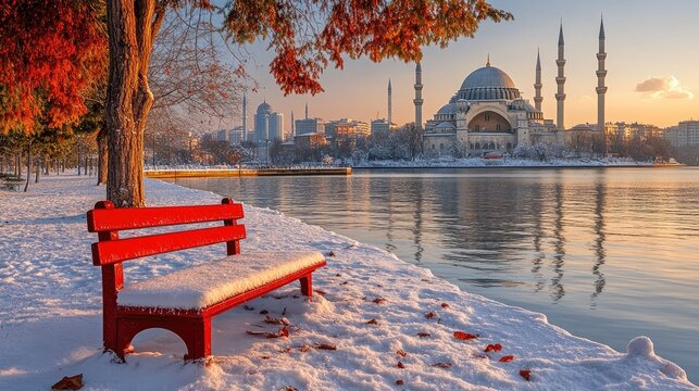 Snowy park bench, mosque sunrise, winter city