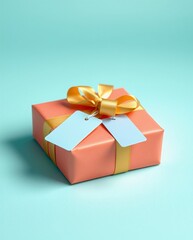 Obraz premium Elegant Coral Gift Box with Yellow Ribbon on Turquoise Background