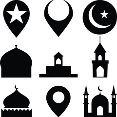 Fototapeta premium a collection of black silhouette icons representing Islamic landmarks and symbols.