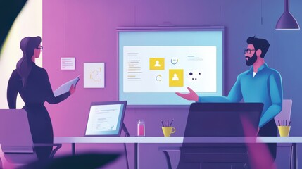 A confident entrepreneur presenting innovative product designs to investors in a modern conference room.