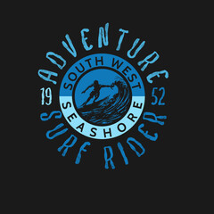 Adventure surf rider south west seashore typography summer beach surfer t shirt print