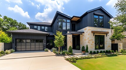 Modern luxury home with dark exterior, stone accents, and landscaped yard.