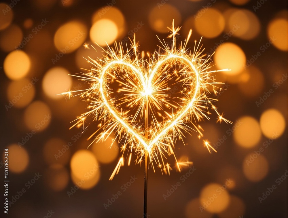 Poster a sparkler in the shape of a heart, emitting a warm glow against a background of golden bokeh lights