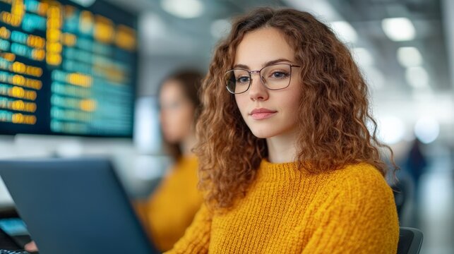 Focused on the Task: A young woman, clad in a mustard-yellow sweater and spectacles, concentrates intently on her laptop, immersed in a digital world. She sits in an open-plan office.