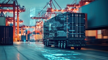 Autonomous truck driving out of a busy container port at night with a computer code hologram layered over it, representing logistics, automation, and global trade