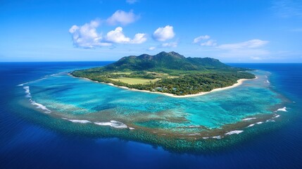 Naklejka premium Tropical island aerial view, turquoise lagoon, lush vegetation, sunny sky, travel brochure