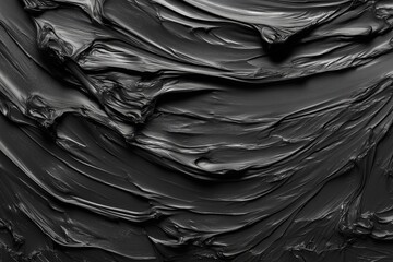 Black Paint Background, Close-Up of Smooth and Soft Black Oil Painting Texture with Undulating Lines Resembling Waves or Clouds, Creating Abstract Feeling, Glossy Surface with Textured Effect