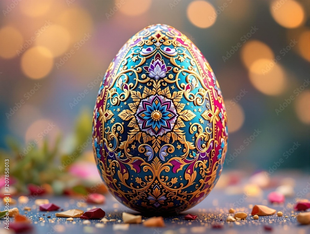 Aufkleber a vibrant, intricately decorated Easter egg with a colorful pattern, sitting on a table surrounded by small objects. The background is blurred, focusing attention on the egg.