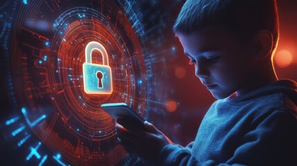 A young boy is holding a phone, surrounded by a futuristic cybersecurity hologram featuring a glowing padlock and intricate circuit patterns.