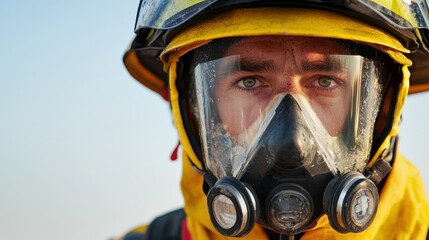Naklejka premium Firefighter in action urban fire scene portrait emergency response close-up courage and commitment