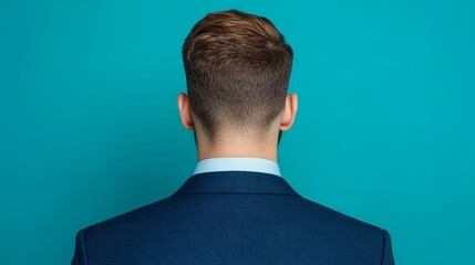 Unseen Potential: A man in a dark blue suit stands with his back to the viewer, his hair styled in a modern fashion. He looks ahead toward the horizon, representing ambition, determination.